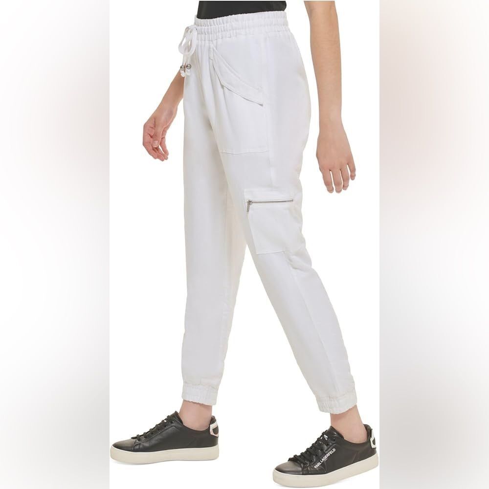 Karl Lagerfeld White Linen Cargo Jogger Pants Size Medium Pull On Relaxed Fit
